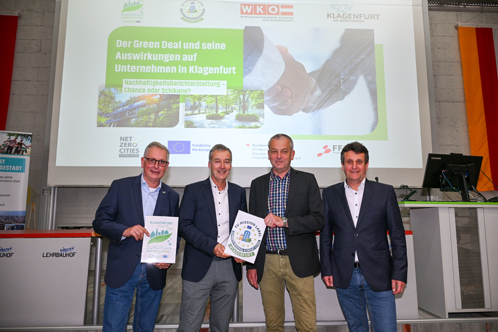Klima- und Umweltschutzreferent Vizebürgermeister Dr. Alexander Kastner, Dr. Wolfgang Hafner (Leiter Abt. Klima- und Umweltschutz), Wirtschaftsreferent Stadtrat Max Habenicht und DI Dr.techn. Gerhard Franz Oswald, MBA (Wirtschaftskammer Kärnten) luden zum Workshop.